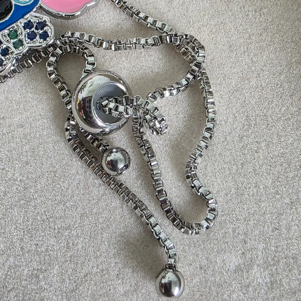 Silver Stainless Steel Bolo Adjustable Pull Bracelet with Stitch Charm Blue - Image 5