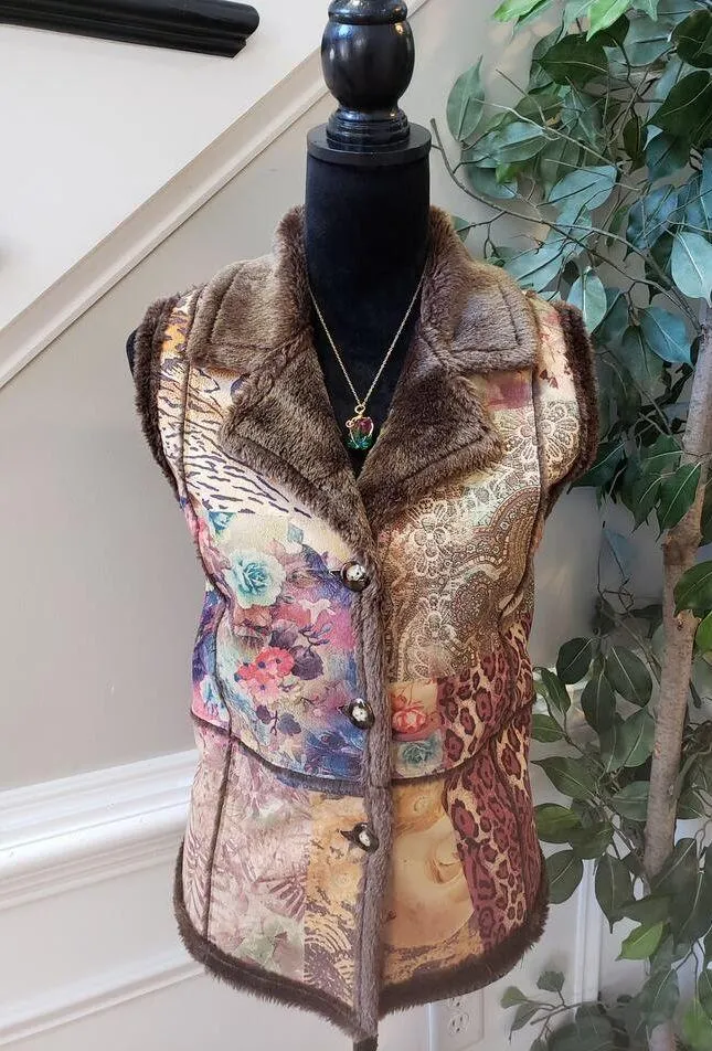 Weavz Faux Suede Vest Women's Medium Multi Geo Print Faux Fur Lined Button Front Brown - Image 2