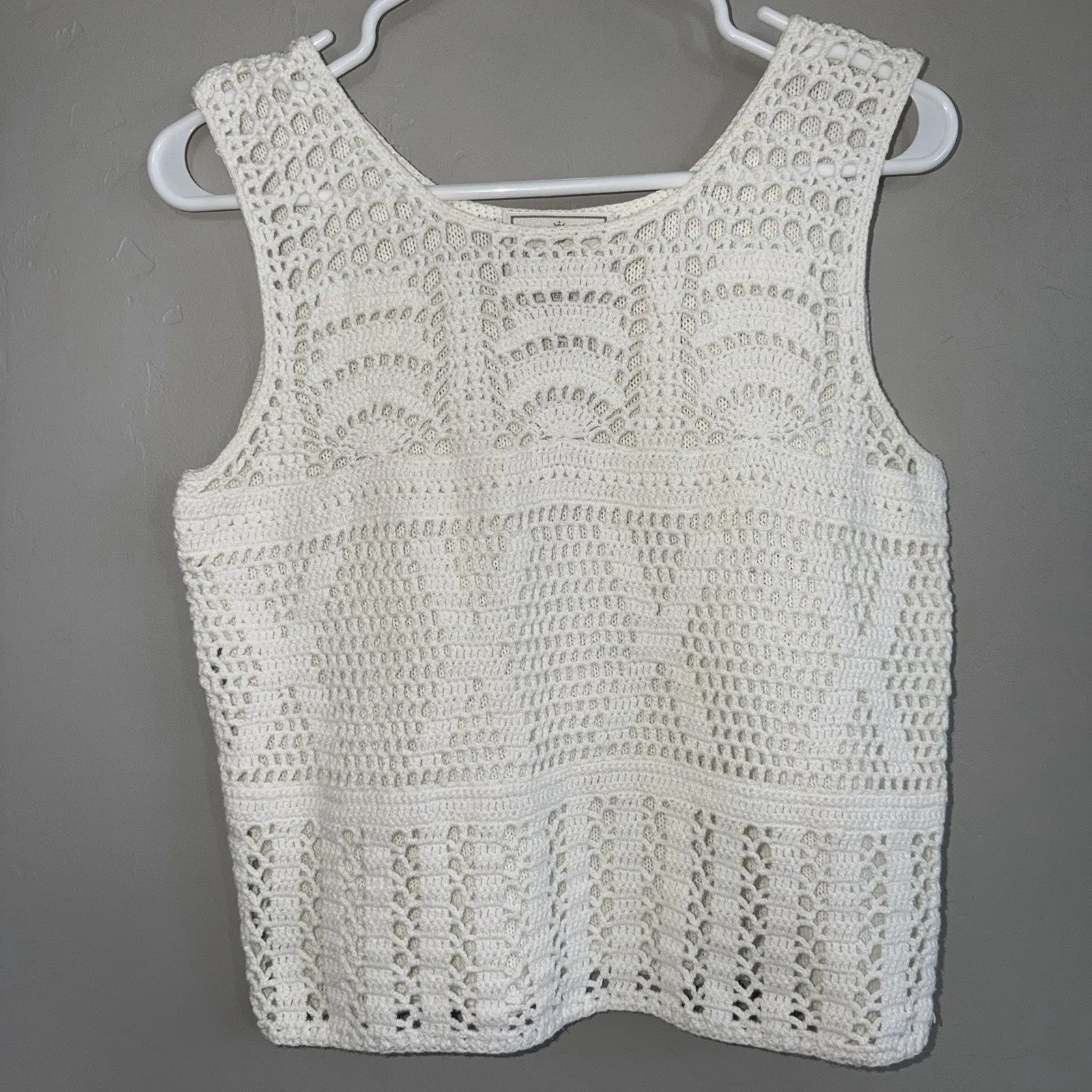 Express Tricot Vintage 90s White Crochet Sweater Womans M Vest Boho Ramie Cotton - Image 8