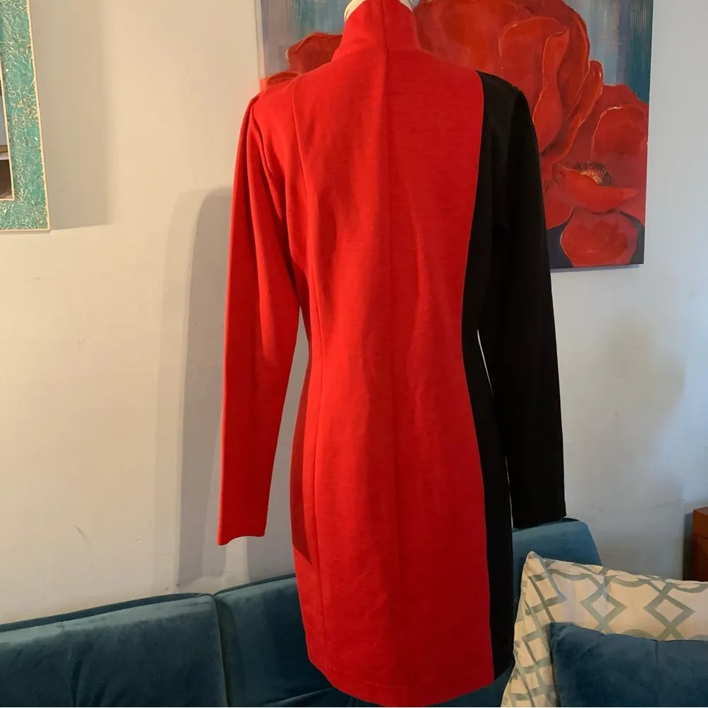 Worth Red Black Color Block Moch Neck Long Sleeve Cotton Jersey Dress Size 6 - Image 4