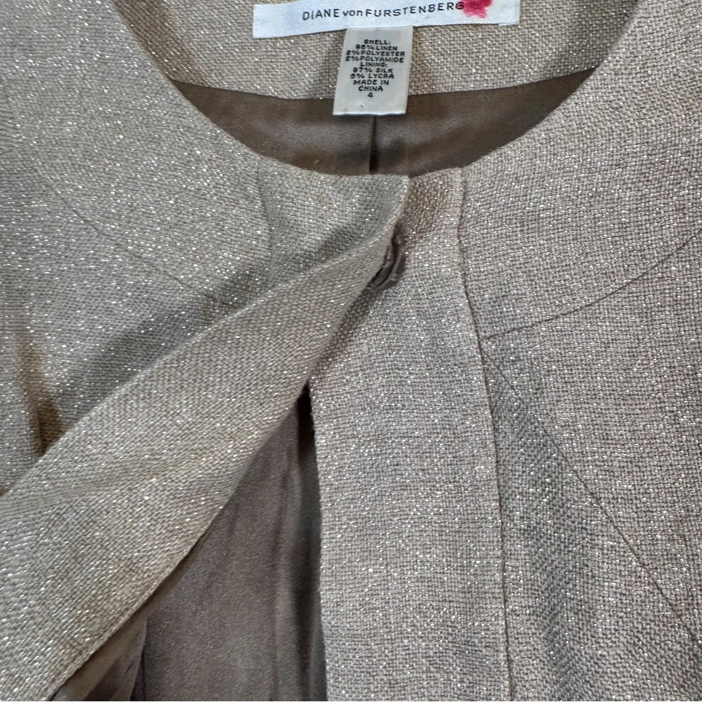 Diane Von Furstenberg Gold Cropped Ruffled Jacket Womens 4 Linen Silk Neutral - Image 6