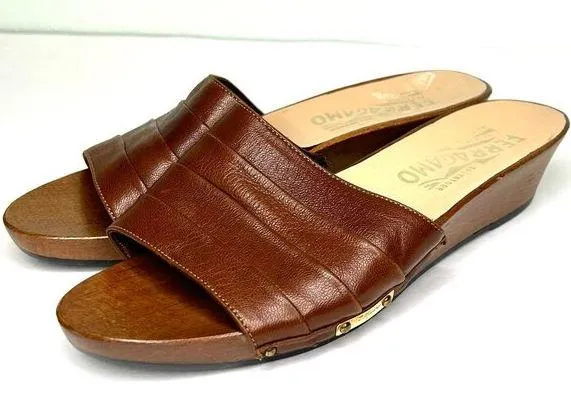 Salvatore Ferragamo Vintage Leather Wedge Slide Sandals in Tan Size 6.5 / 7 N - Image 1
