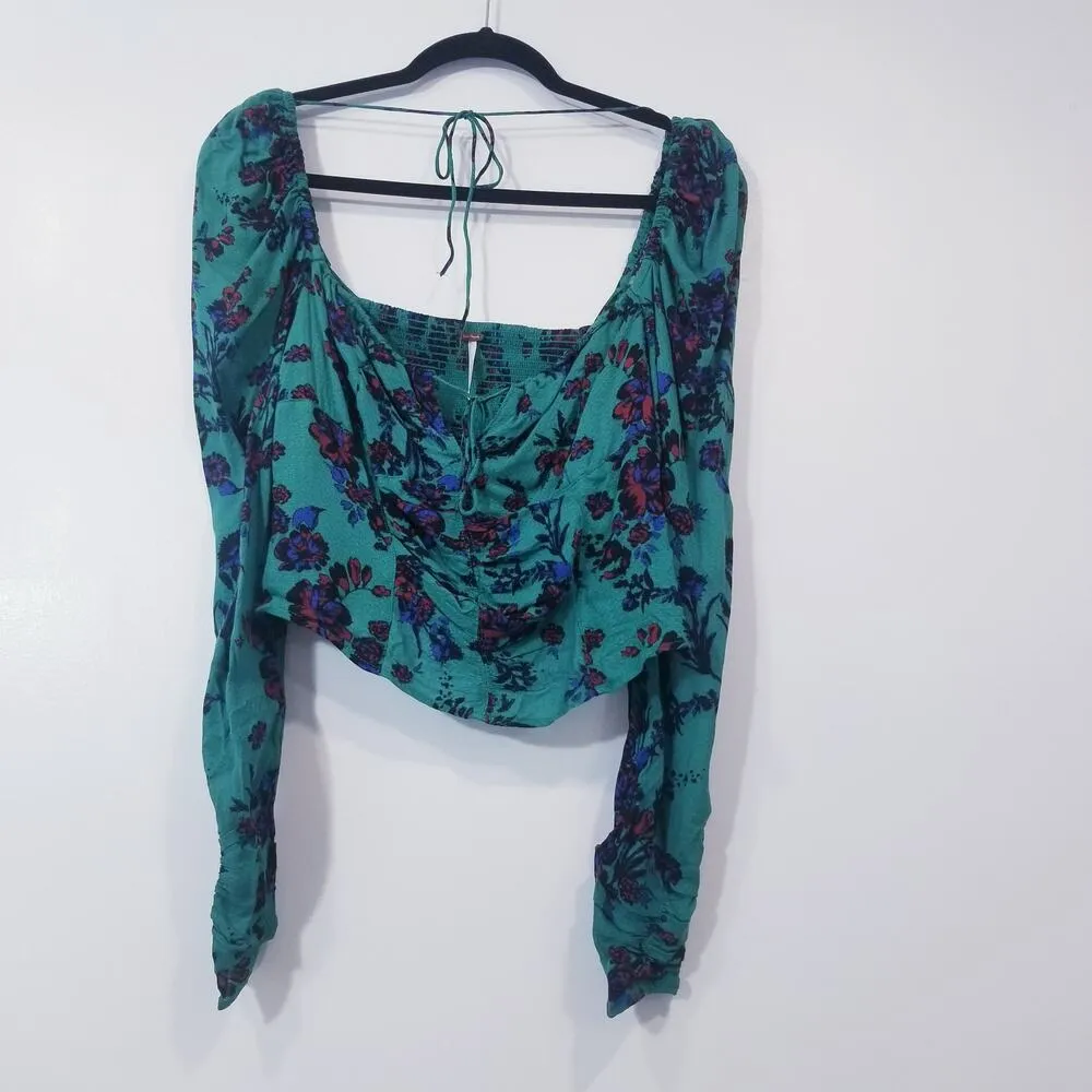 Free People Green Combo Floral Printed Hilary Crop Top Long Sleeves Blouse - Image 2