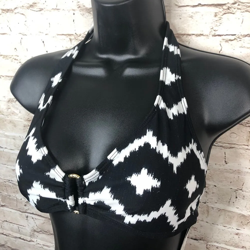 NEW CHAPS Womens 10 Chevron Print Halter Bikini Swim Top Black White - Image 2