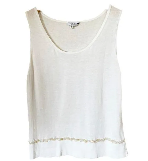 ESCADA SPORT Knit Tank White Sequins Trim Cotton Scoop Neck Sleeveless Medium - Image 1