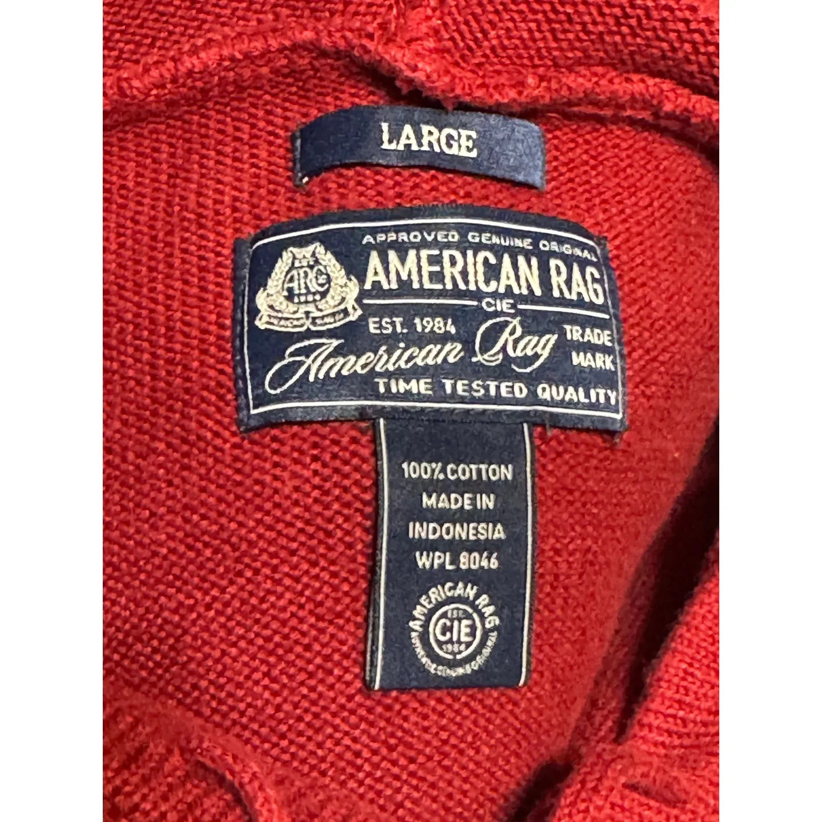 American Rag Sweater Drawstring Hood Red Cotton Size Large - Image 5