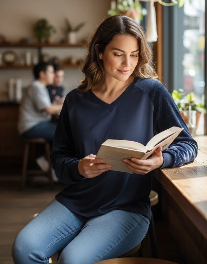DEMOCRACY Women's Navy V-Neck Top Size XL Plush Billowy Sleeves Athleisure Cozy - Image 1