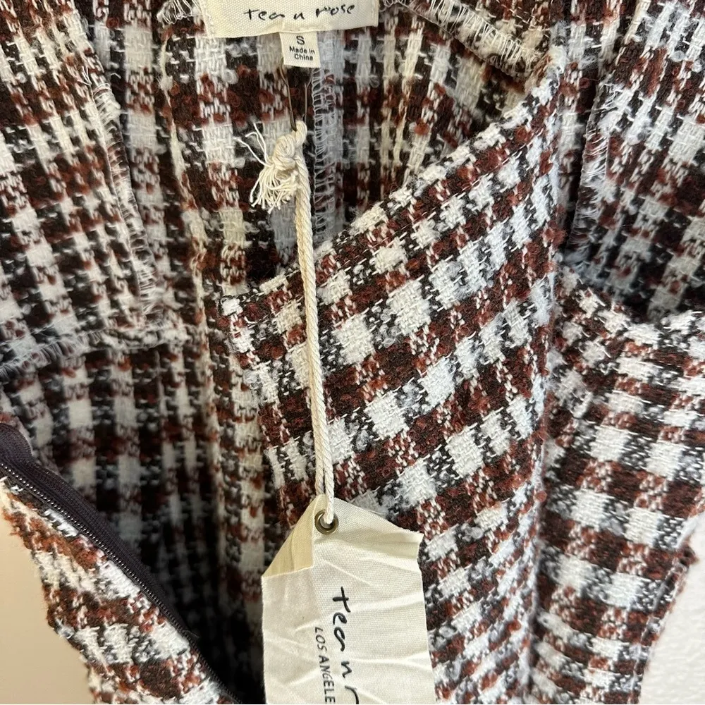 NWT Tea N Rose Brown and White Overall Houndstooth Pinafore Dress Raw Hem - Image 6