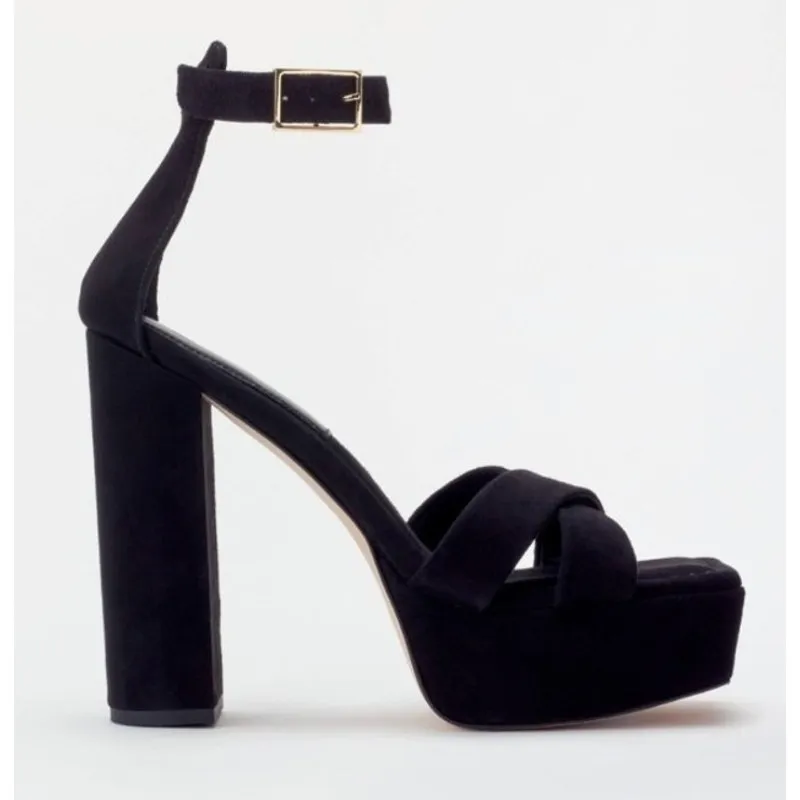 Good American Platform Block Heel Black Suede Ankle Strap Chunky Sandal 10.5 NEW - Image 4