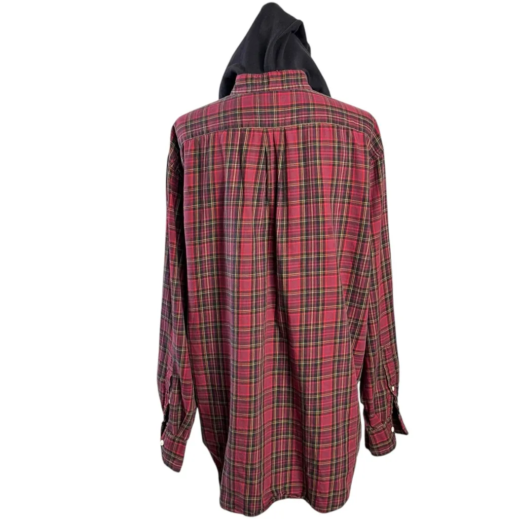 Vintage 90s Grunge Reworked Oversized Hoodie Button Down Tartan Plaid Shirt OS Red Size L - Image 7