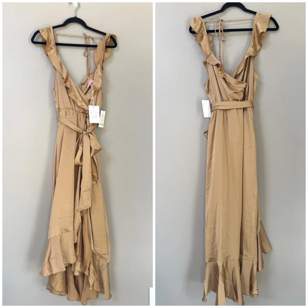 NWT Show Me Your Mumu Samantha Ruffle Wrap True Gold Luxe Satin Dress XL - Image 6
