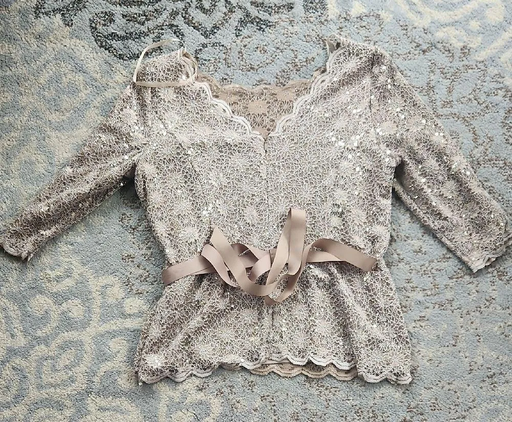Alex Evenings Sequin Embroidered Lace Top Champagne Tan XL - Image 8
