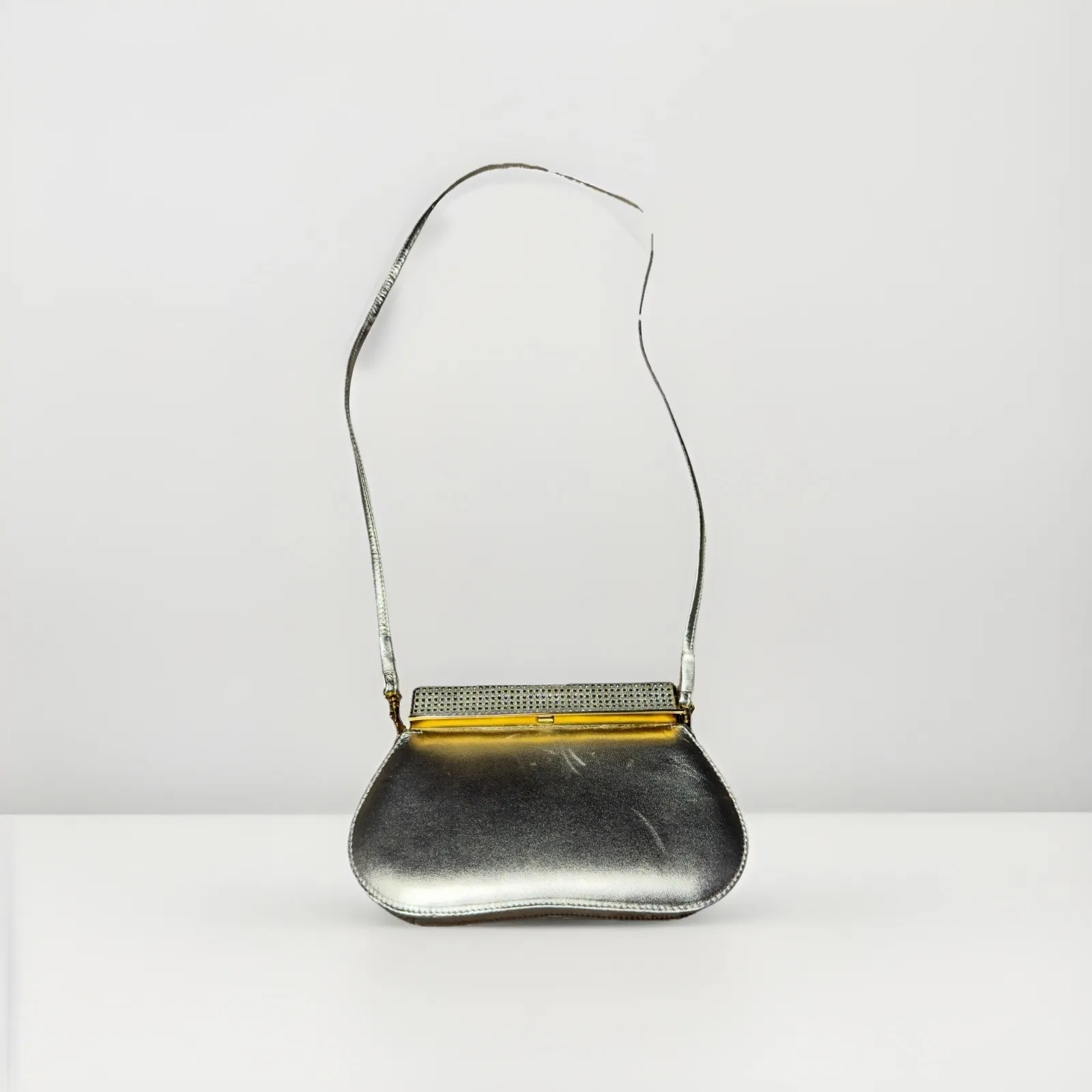 Stuart Weitzman Gold Metallic Evening Shoulder Bag Rhinestone Top Made in Spain - Image 2