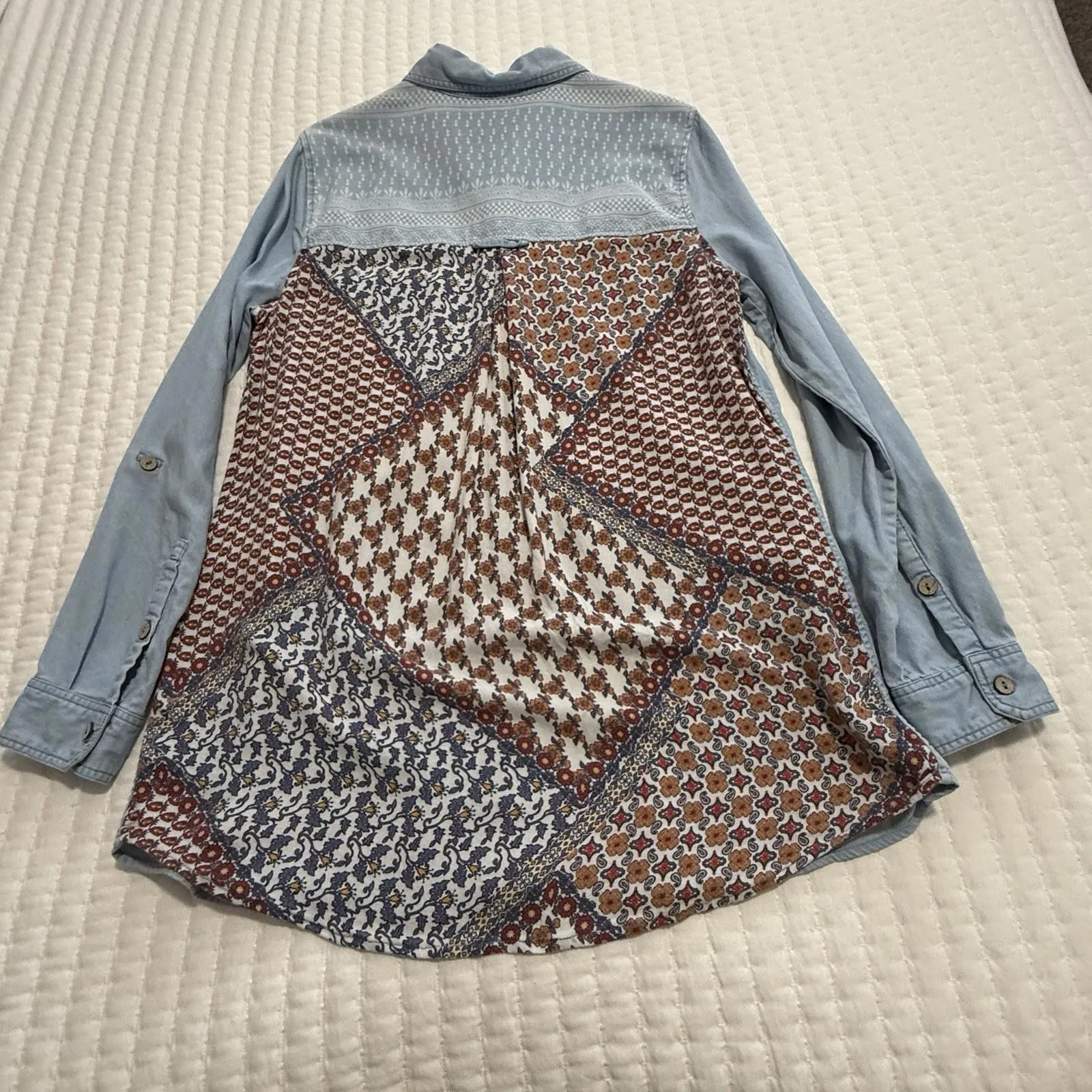 John Mark Blue Chambray With Boho Pattern Floral Blouse Shirt Top S Small - Image 8