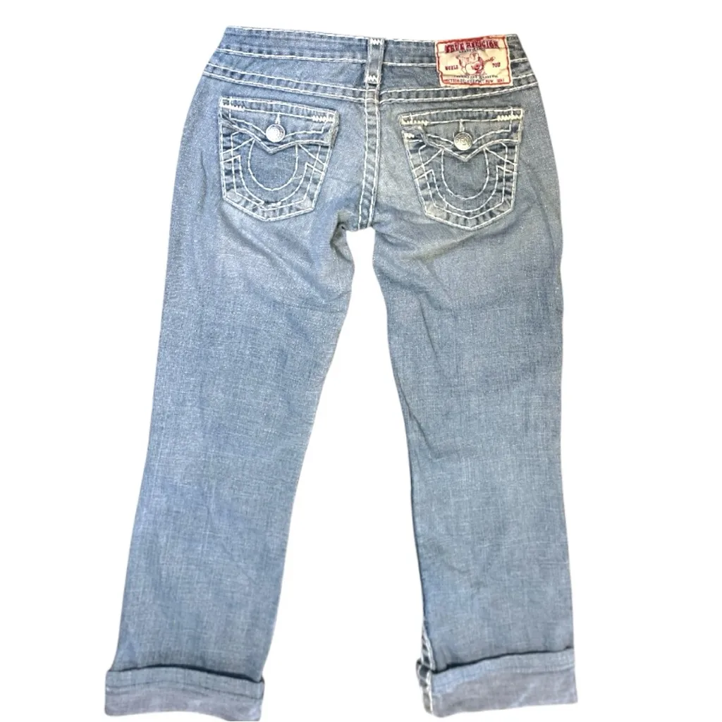 Y2K True Religion Billy Super‎ T Light Wash Flap Denim Ankle Size 27 Streetwear - Image 2