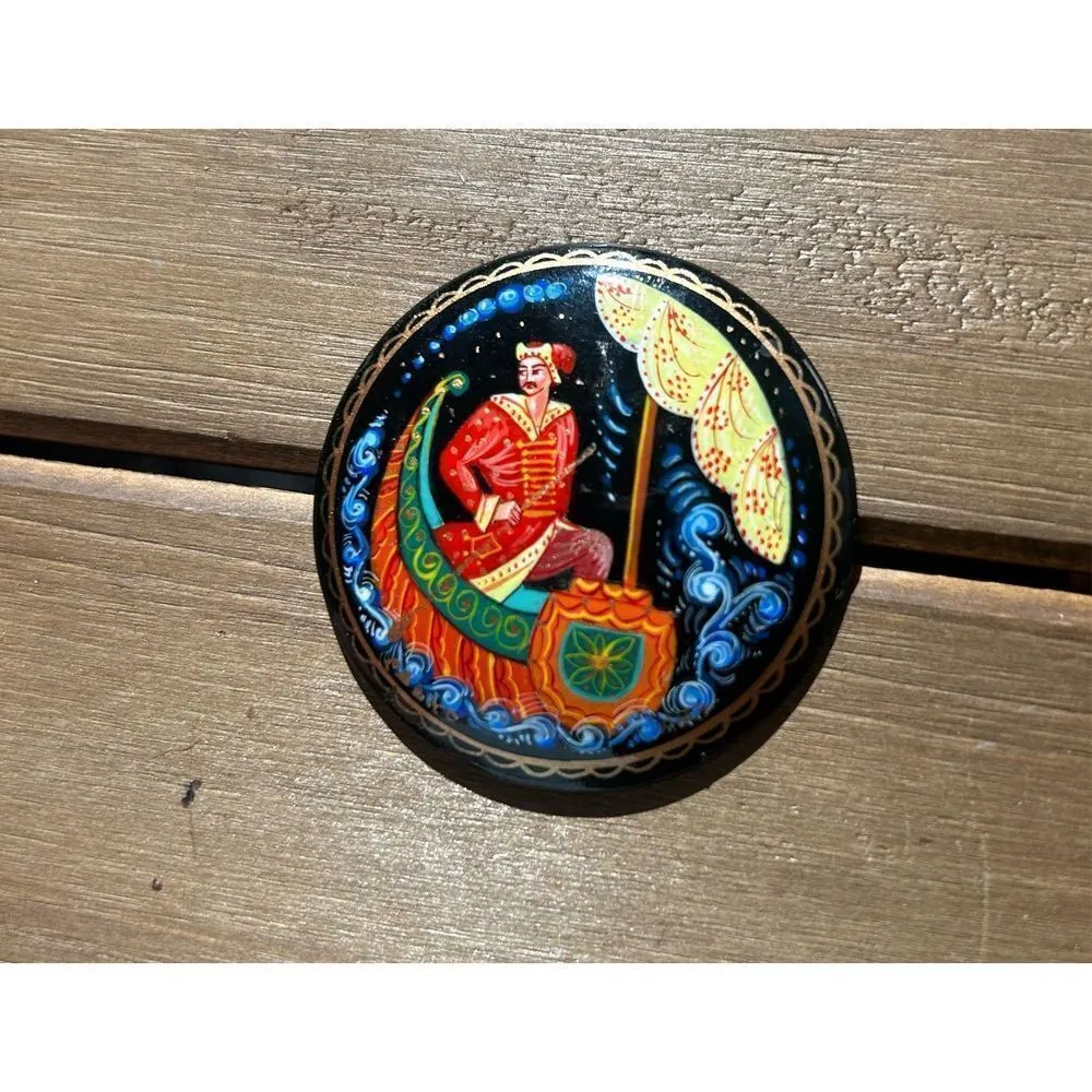 Russia Folk Brooch. Russian lacquer brooch. Russian brooch black Black - Image 3