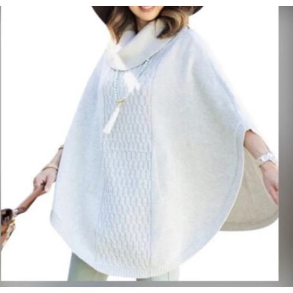 CABI Cowl Neck Poncho Gray Cable Knit Sweater Big Pocket Warm Cozy 3003 - Image 2