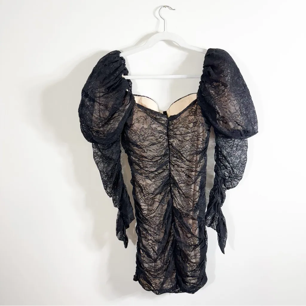 Oh Polly Tell Me More Black Lace Ruched Mini Dress Long Sleeve Puff Shoulders 8 - Image 3