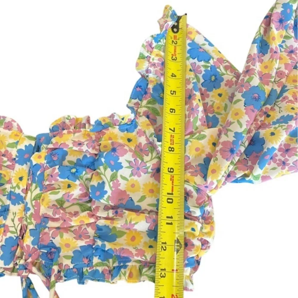 Fiestar Smocked Crop Top Front Lace Up Puff Sleeves Floral Womens Size Large NWT - Image 13