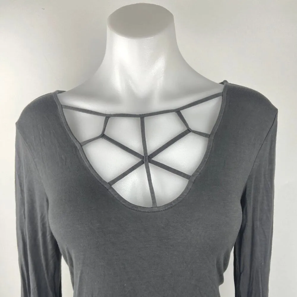 American Eagle Gray Criss Cross Scoop Neck Long Sleeve T - Image 4