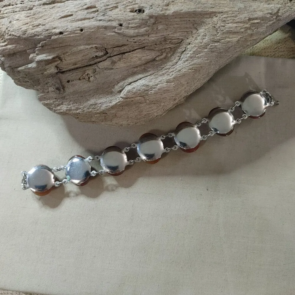Silvertone Carnelian Agate looking Amber Link Bracelet Oval Cabochons Vintage Silver - Image 12