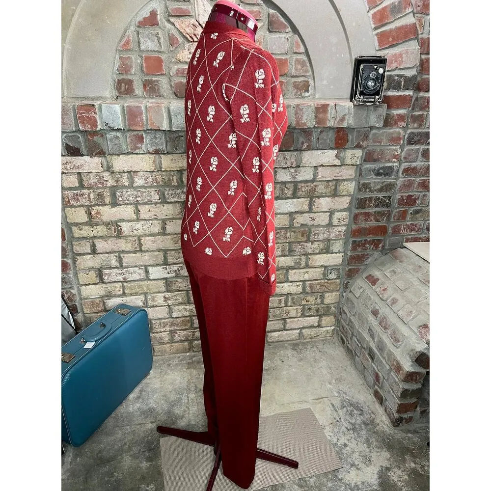 cardigan sweater pant set 1950s floral rust cream Red - Image 11