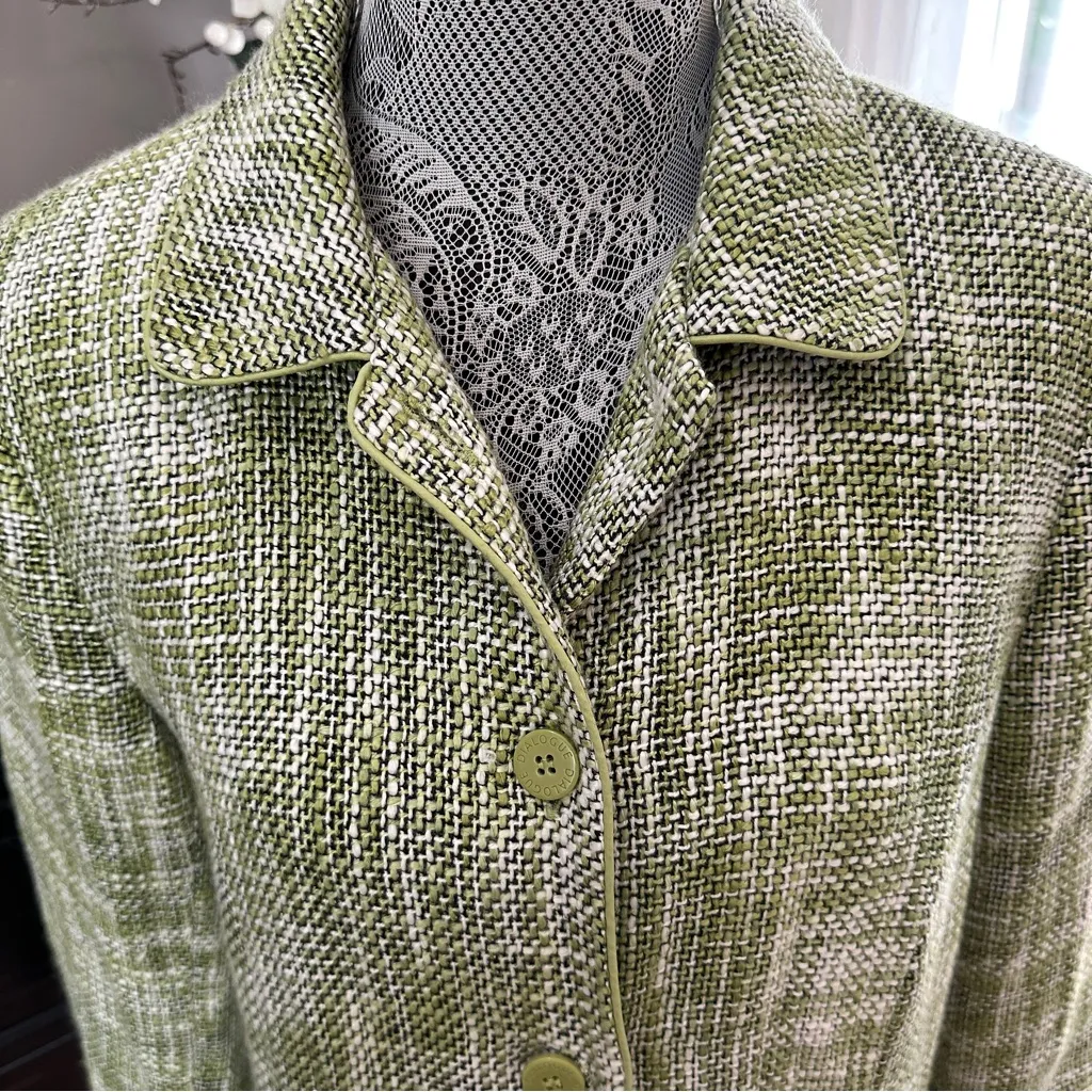 Dialogue Olive Houndstooth Tweed Trench Coat Size 10 - Image 4