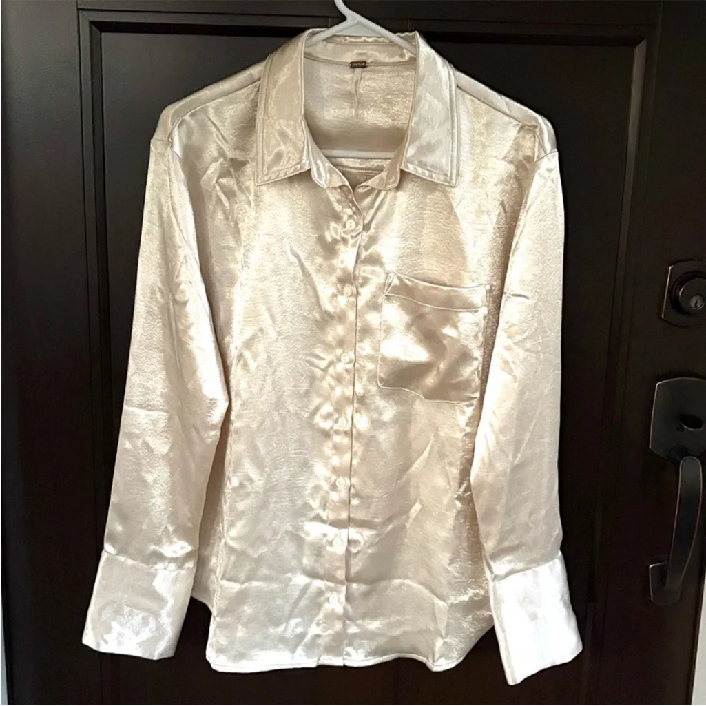 EUC Free People Shooting For The Moon Satiny Button Front Top Champagne Small - Image 5