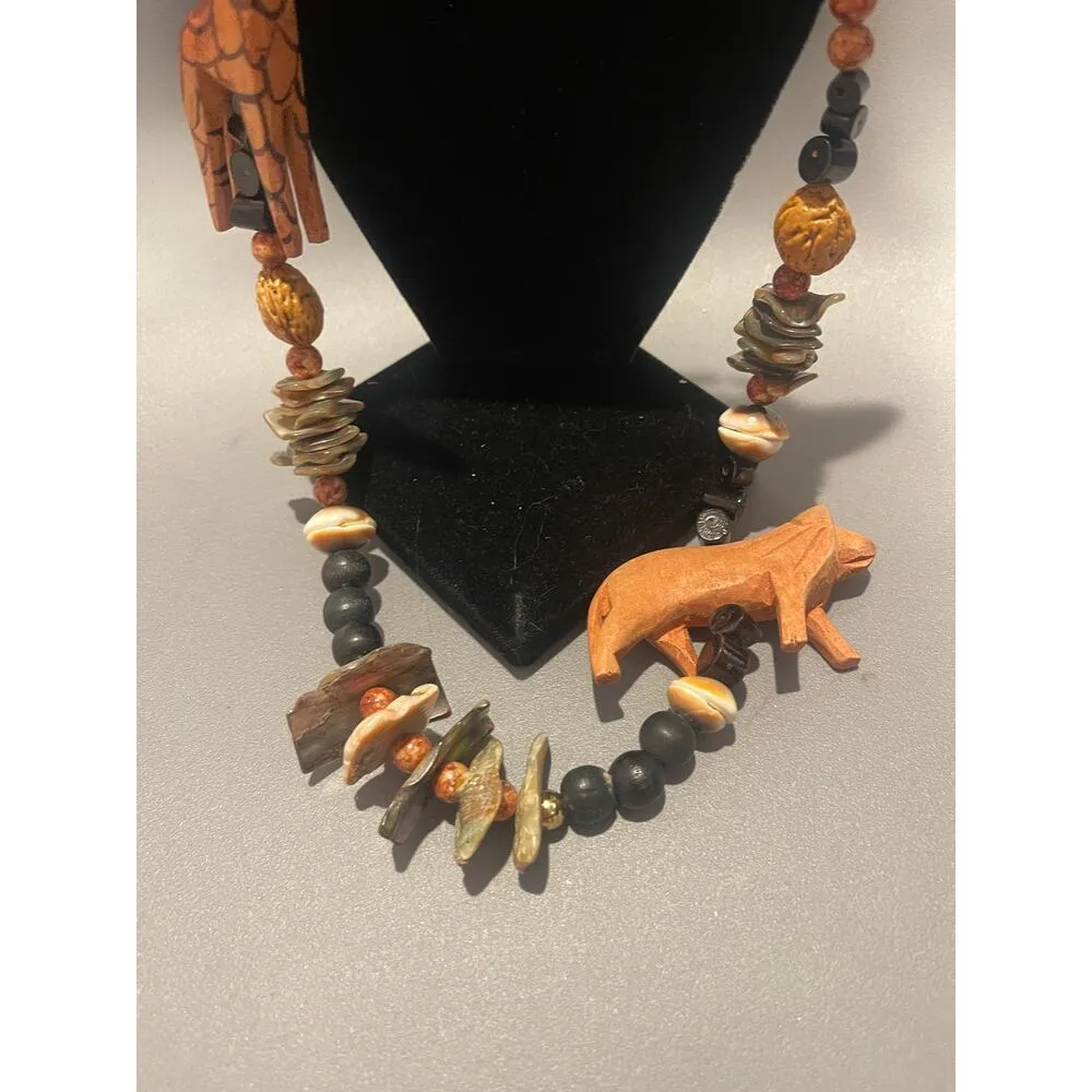Vintage Handcarved Animals Safari Beaded Mosaic Necklace from Kenya - Image 4