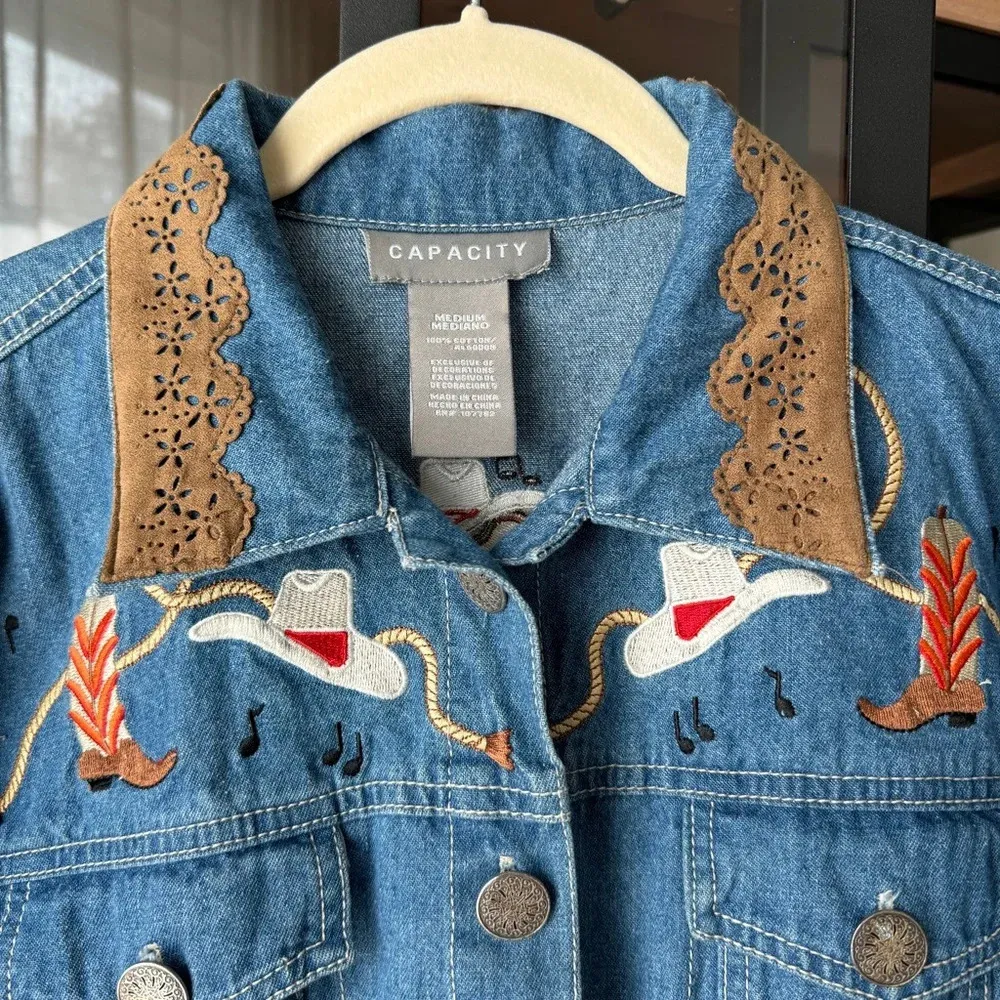 Vintage Embroidered Western denim jacket Cotton Button Down Shirt cowboy boots Blue Size M - Image 2