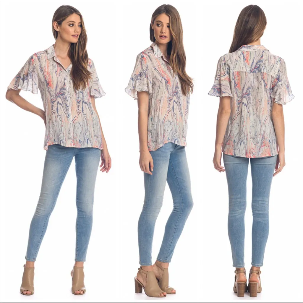 NEW Tolani Marley Marble Top Flutter Sleeve size L Large NWT White - Image 9