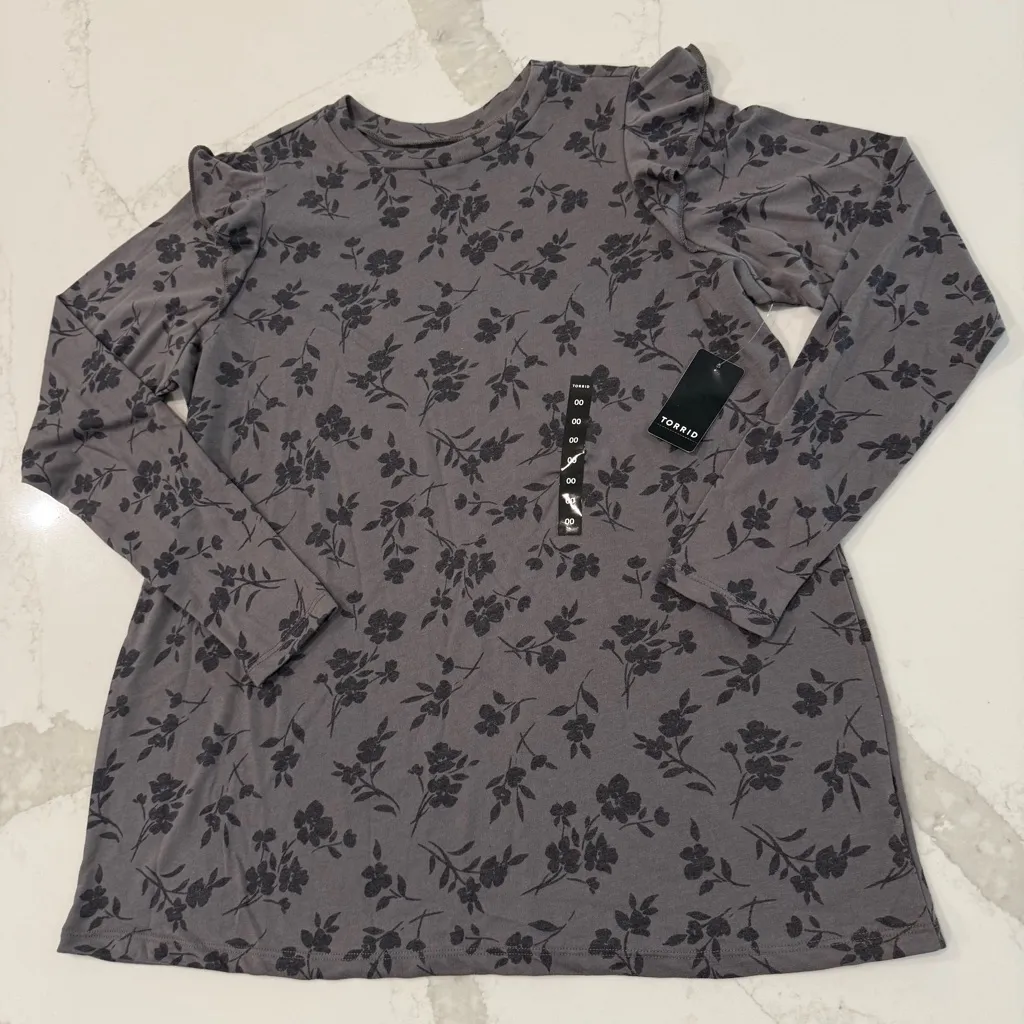 Torrid NWT CrewNeck Ruffle Shoulder Floral LongSleeve Shirt Womens 00 (M/L) Gray - Image 2