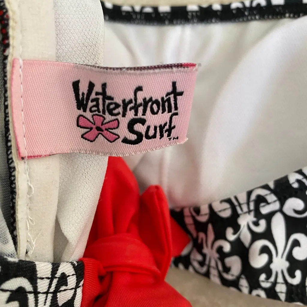 Waterfront surf Vintage y2k Black and White Patterned Bikini with Red Accents - Image 4