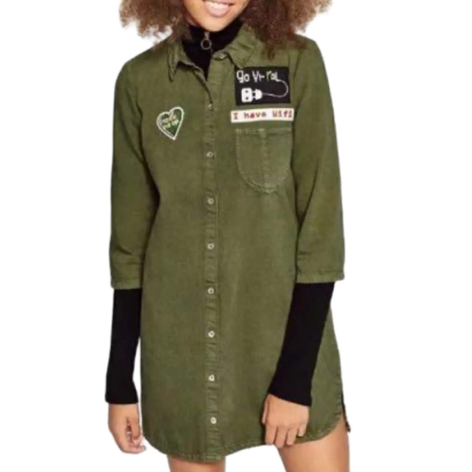 Zara Olive Green Patches Denim Button Down 3/4 Sleeve Shirt Dress sz S Trafaluc - Image 2