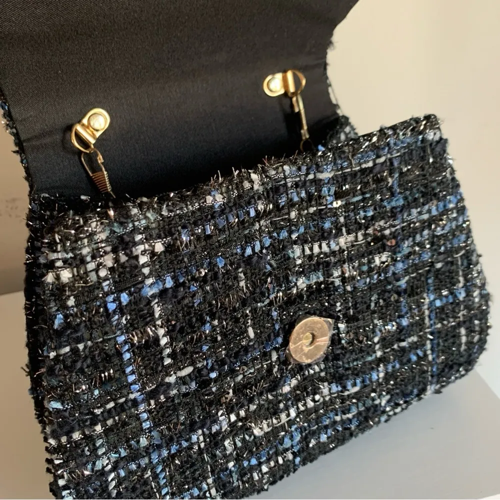 Mini Tweed Blue Black White Fabric Gold Chain Link Shoulder Handbag - Image 11
