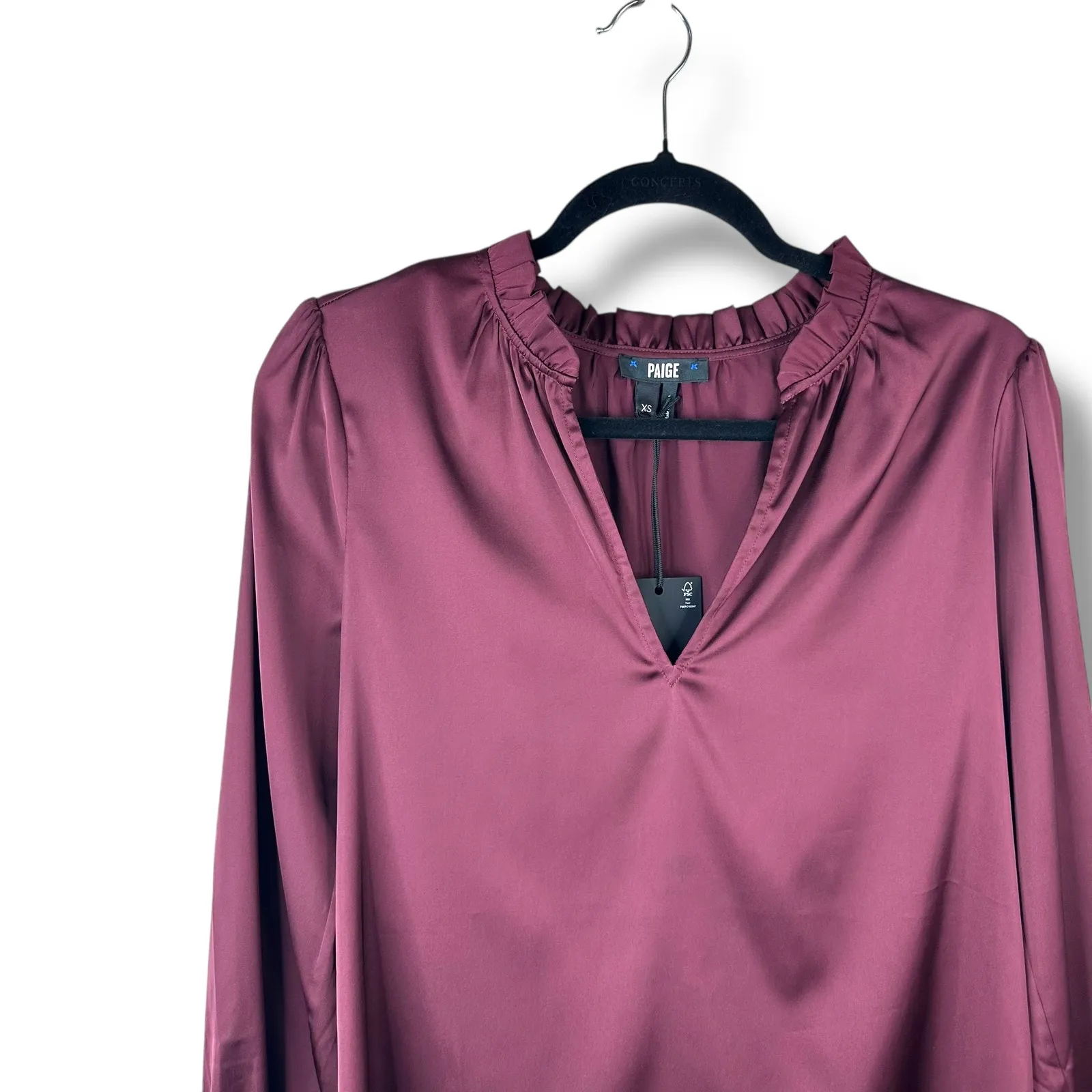 PAIGE NWT Dusty Cherrywood Laurin Satin Frilled Ruffled Long Sleeve Blouse XS - Image 5