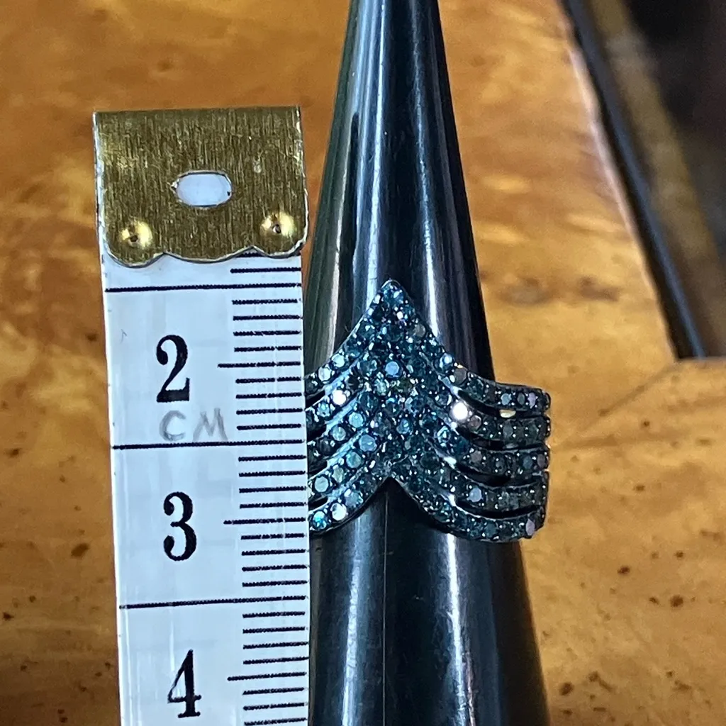 Natural Blue Diamond Sterling Silver Chevron Ring Size 6 - Image 7