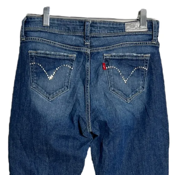 Levi's Night Blues Boot Cut Jeans Blue Medium Wash Fading Whiskering Rhinestones - Image 4