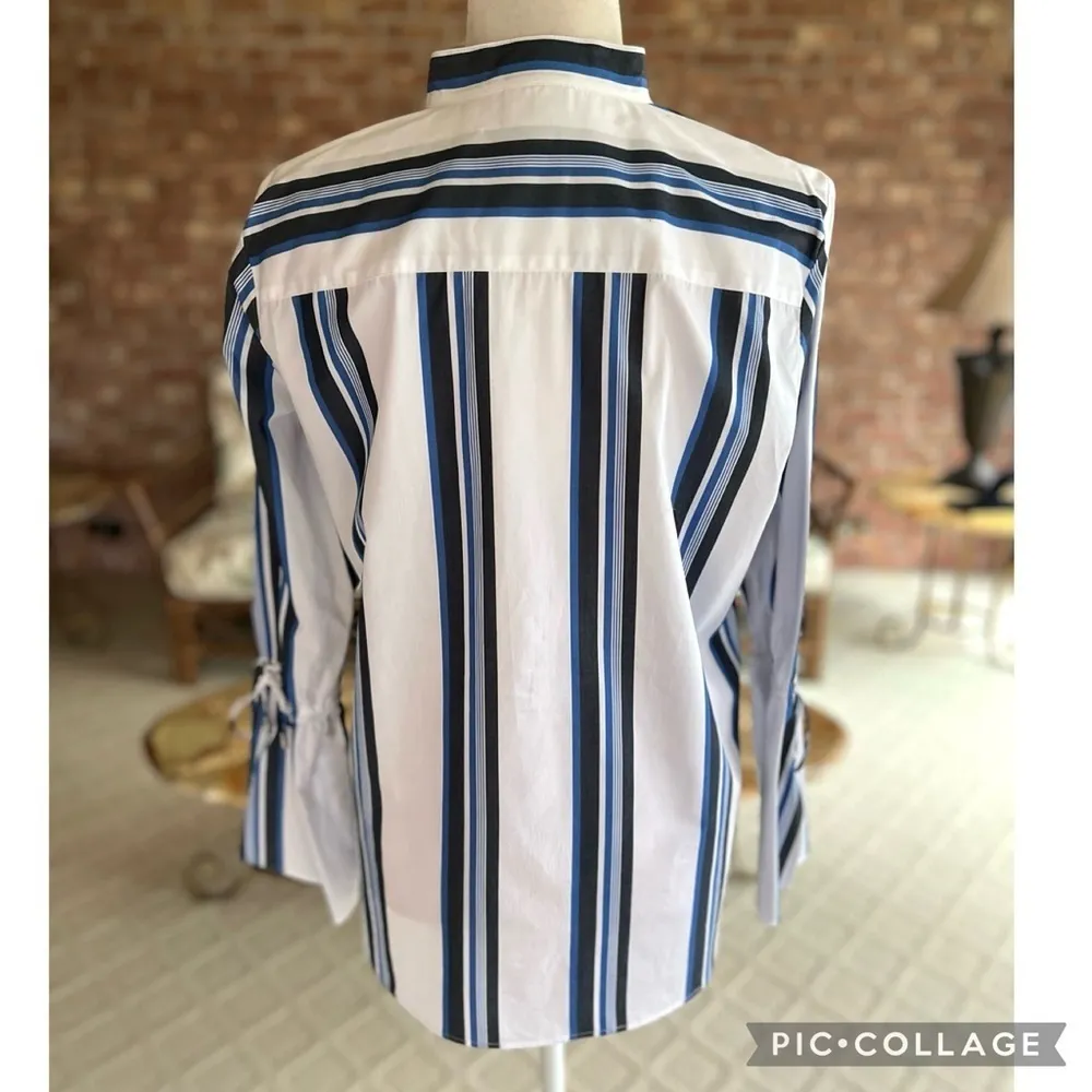 W by Worth Top White Blue Striped Flared Cuff Button Down S Office Work Job Chic - Image 8