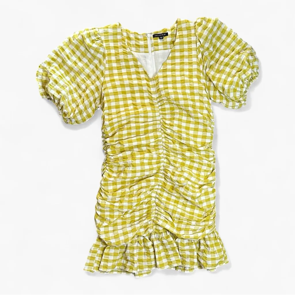 Skies Are Blue Yellow Gingham Ruched Puff Sleeve Mini Dress M - Image 2