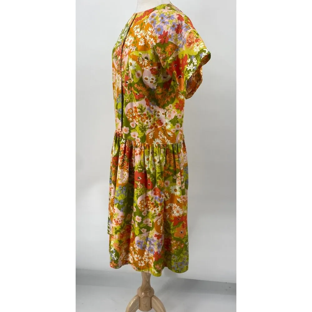 Vintage 60s Floral Butterfly Print Shirt Dress Midi High Neck Green Orange XL - Image 6