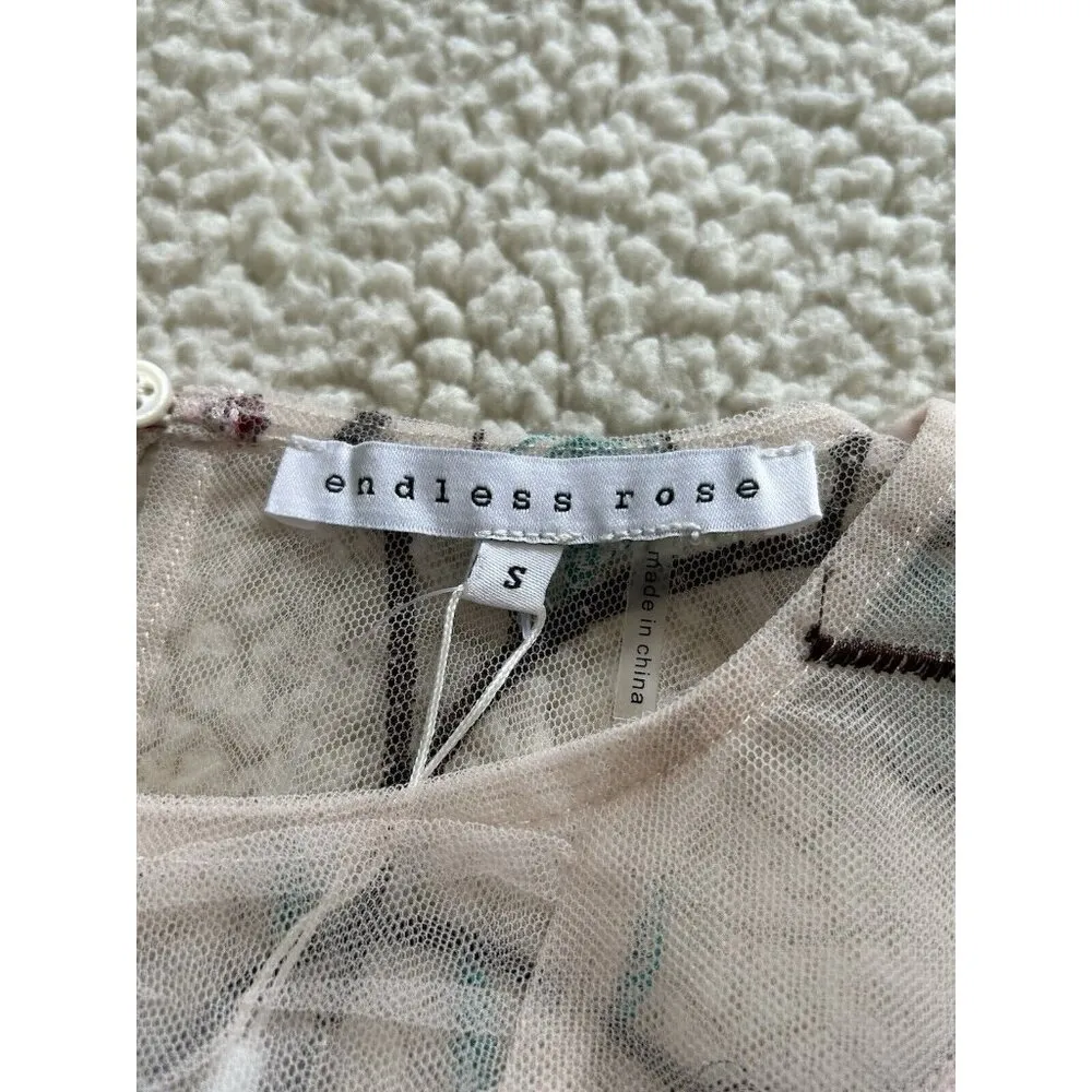 Endless Rose Long Sleeve Round Neck Embroidered Floral Mesh Top Beige/Red Size S - Image 6