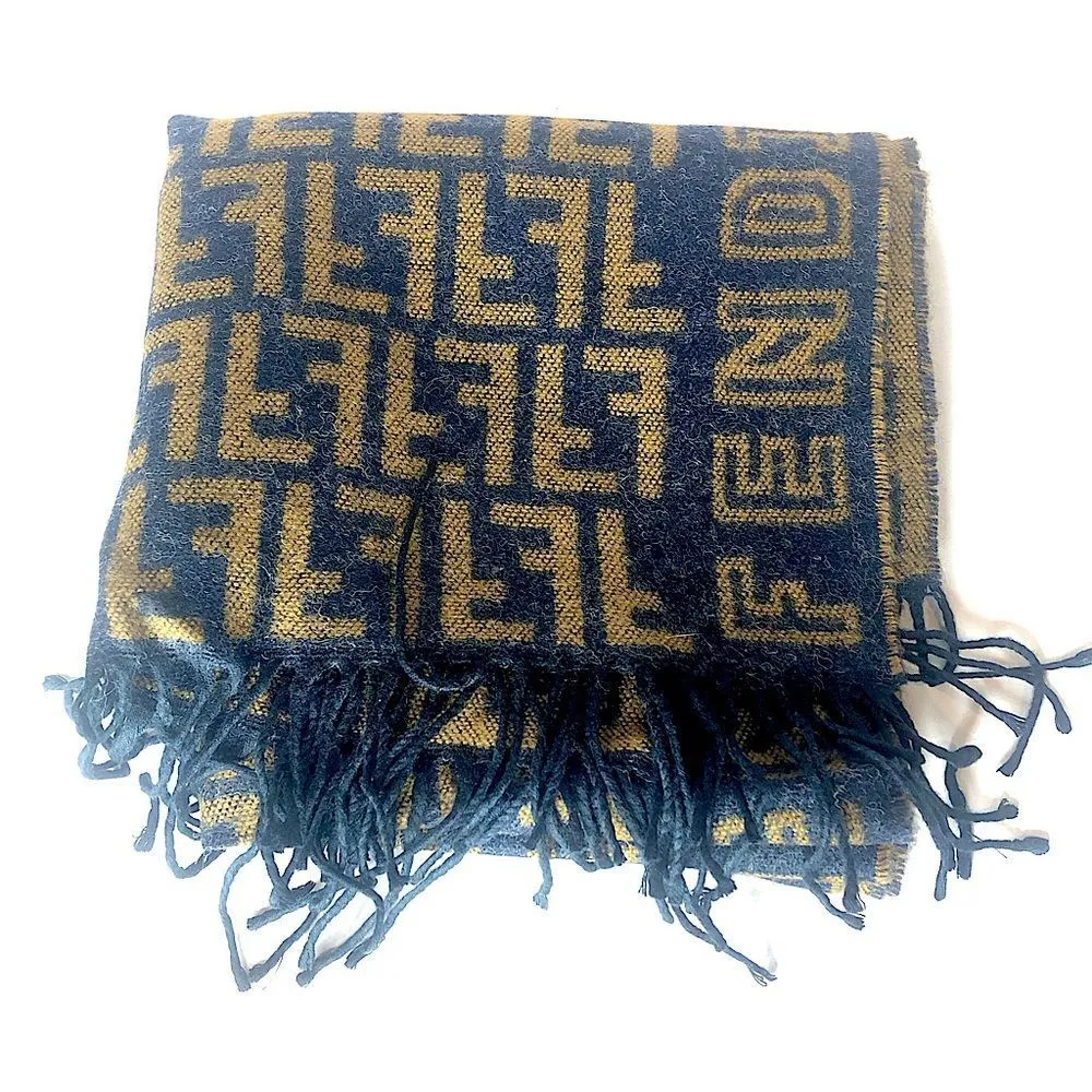 Navy Blue Tan Wool Silk Scarf with Decorative Tassels NWOT - Image 3