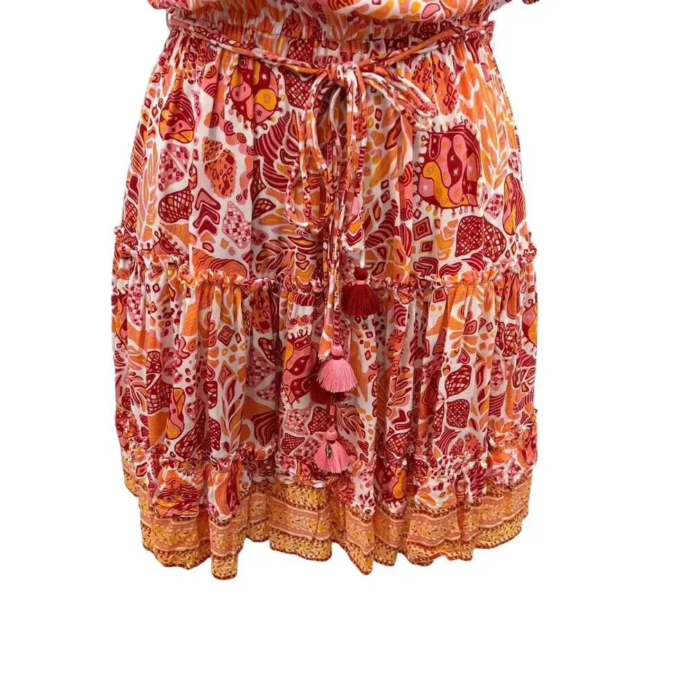 Poupette St.‎ Barth Mini Bona V Red Chagal Printed Pink Orange Dress Size Small - Image 8
