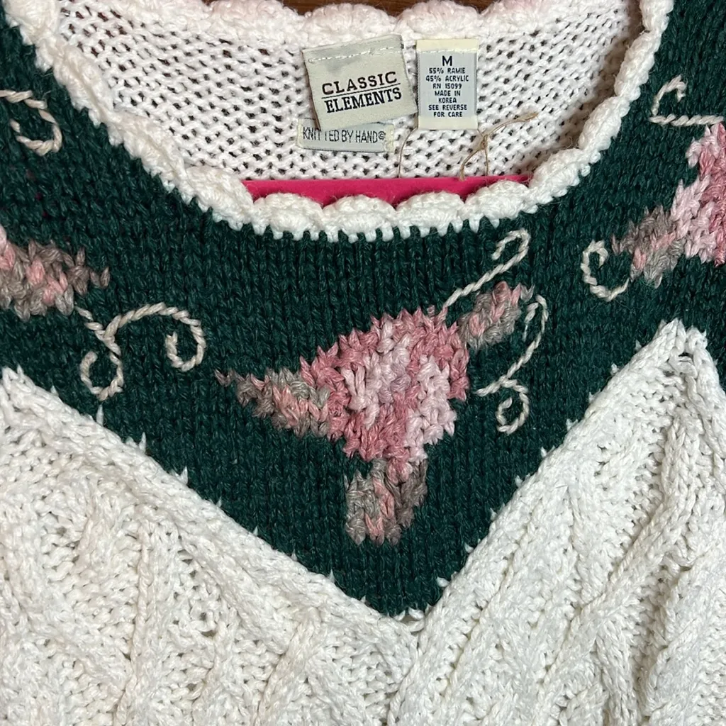 Vintage Classic Elements Hand Knit Ribbed Plaid Floral Cream Oversize Sweater M - Image 3