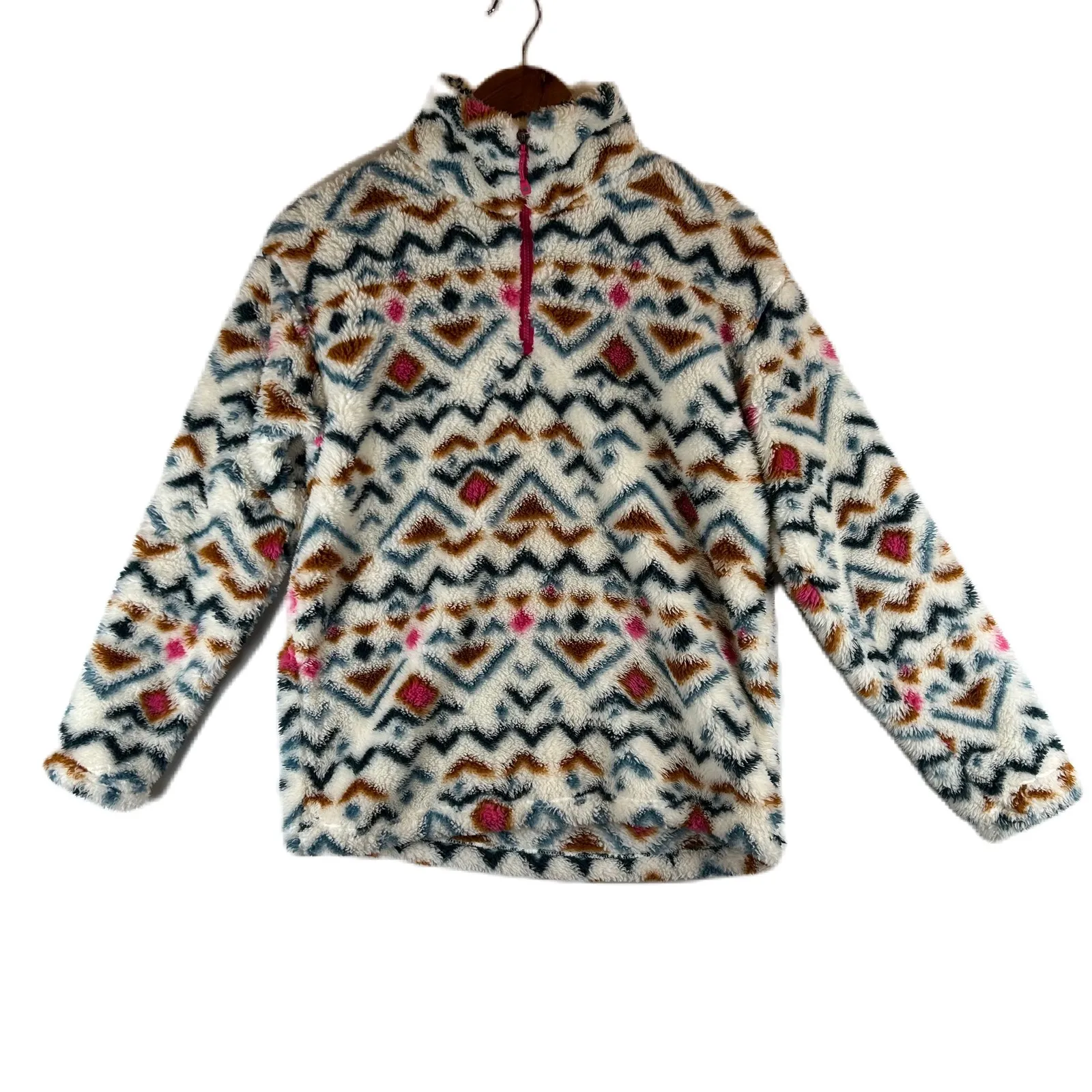 Eddie Bauer‎ Womens Small Faux Fur Pullover Aztec Print Quarter Zip Pink Trim - Image 2