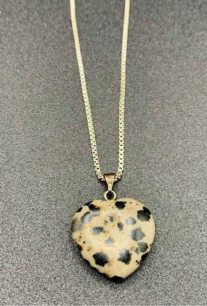 Dalmatian Jasper Heart Shaped Sterling Silver Necklace 925 18” Black - Image 4
