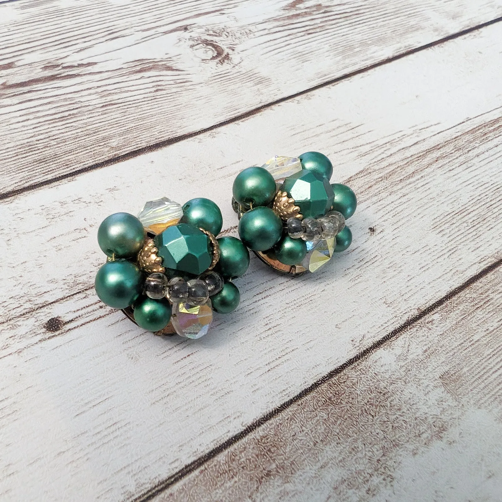 Vintage Clip On Earrings 1 & 1/8" Green Cluster with Accents - Image 4