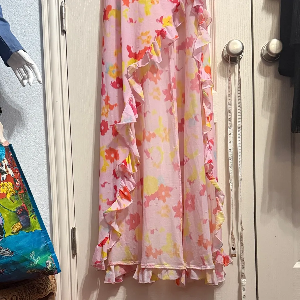 💖 Annorlunda Blurred Acid Floral Print Sheer Chiffon Pink Maxi Dress - Image 4