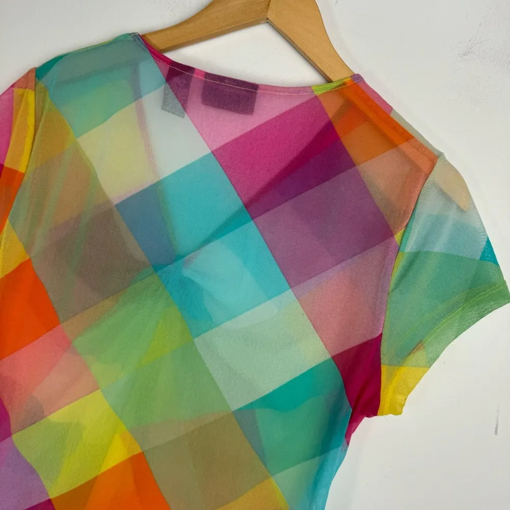 Y2K Rainbow Sheer Mesh Printed Top Sz XL Pink - Image 9